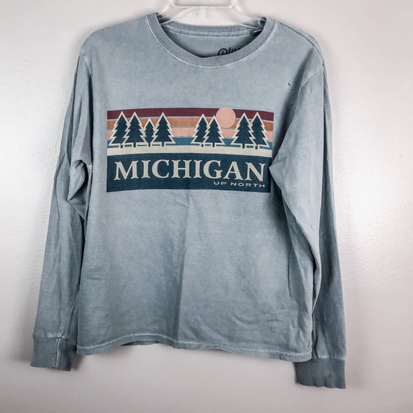 Blue 84 Tops - Blue 84 Slate Gray Graphic Michigan Ling Sleeve Trendy Cozy Shirt Size S…